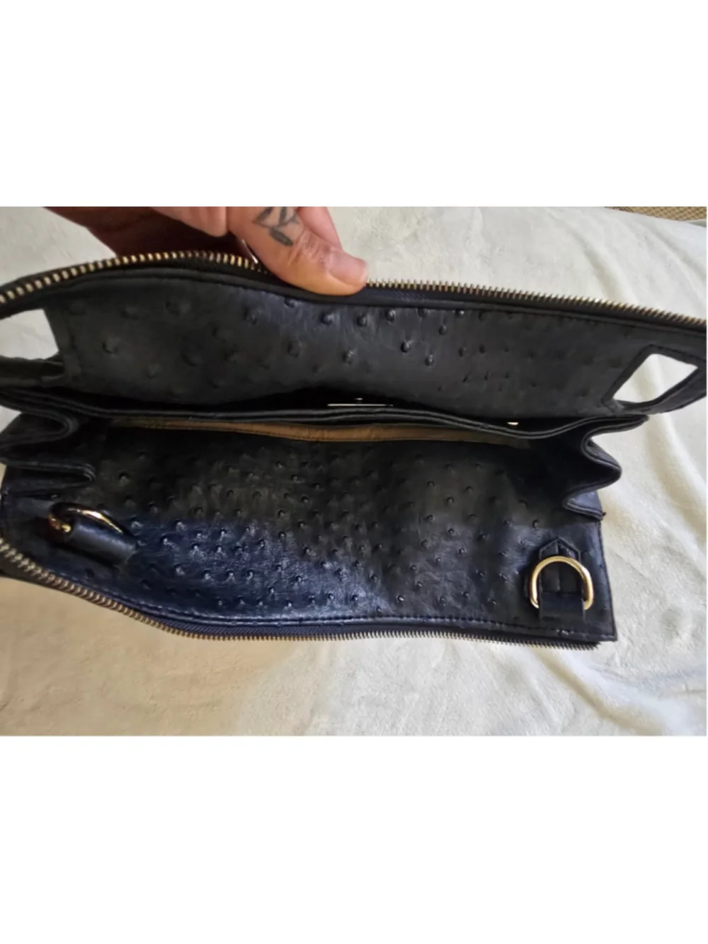 Genuine Leather Ostrich Embossed Birkin Style Top Handle Satchel Black-Navy Gold